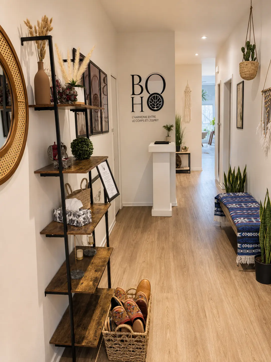 Coin détente avec fauteuils en bois, paniers muraux tressés et plantes