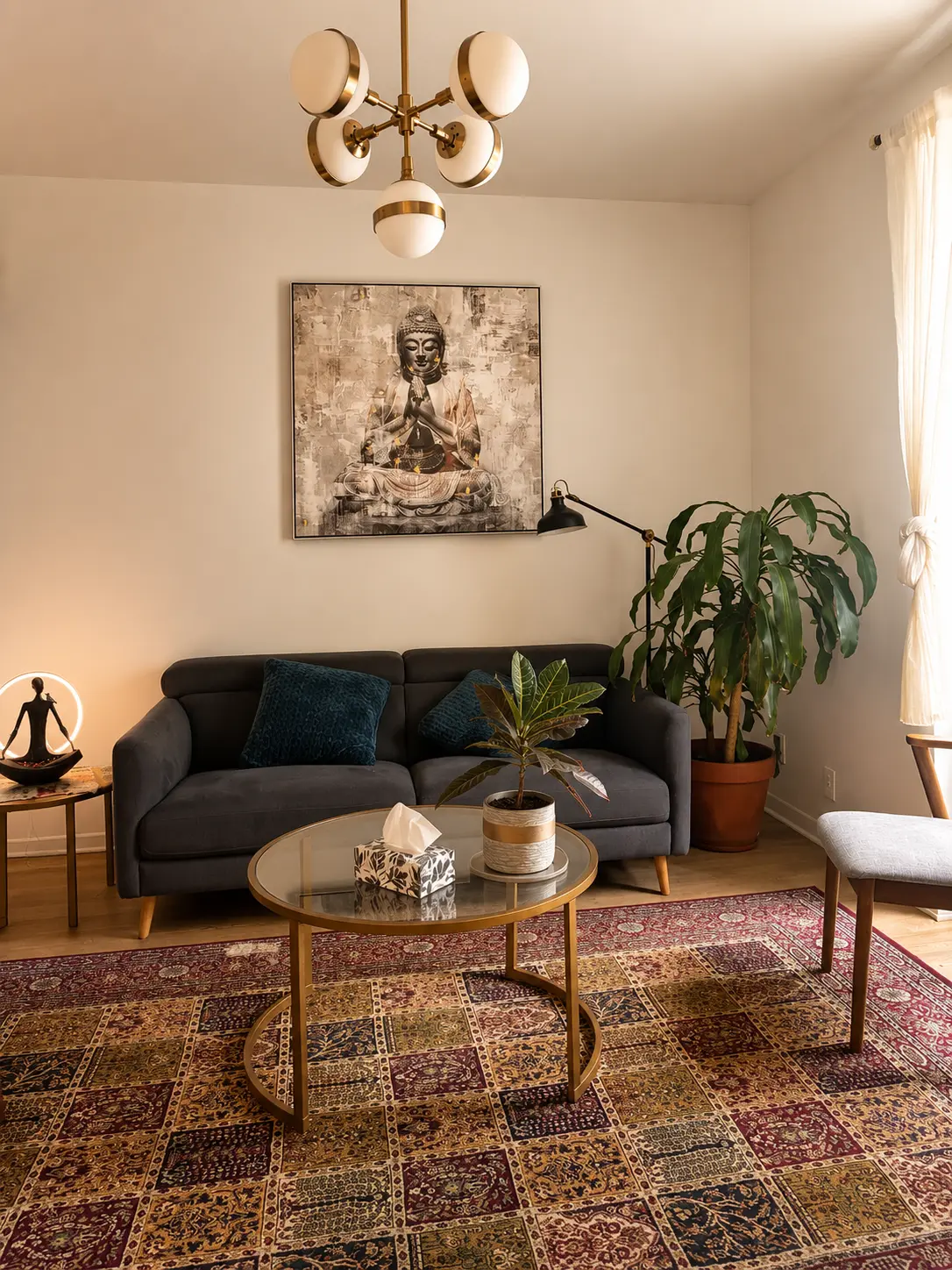Coin détente avec fauteuils en bois, paniers muraux tressés et plantes